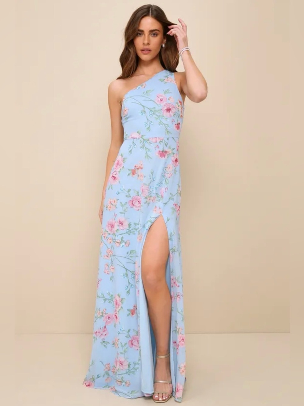 Women’s Plus Lulus Elegant Admiration Blue Floral One-Shoulder Maxi Dress 1X XXL